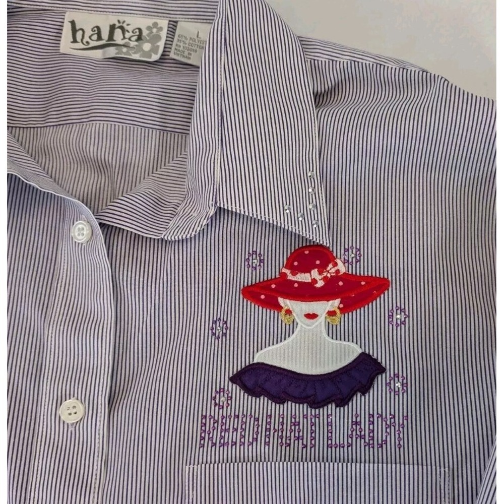 Red Hat Lady Button Up Top Women's Large Hana Purple Pinstripe Stud Bling